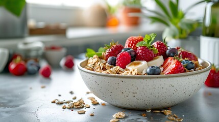 A fresh bowl of fruit and granola on a modern kitchen countertop symbolizing a healthy breakfast...