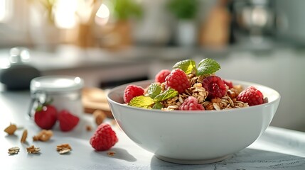 Bright and healthy breakfast bowl with raspberries and granola on a kitchen counter under natural...