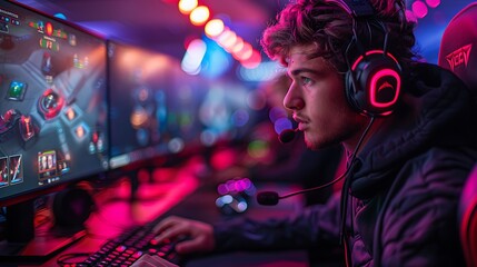 Focused male gamer playing a competitive video game on his computer set up in a room with vibrant neon lighting. 