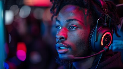 A focused male gamer wearing headphones illuminated by the colorful glow of computer screens