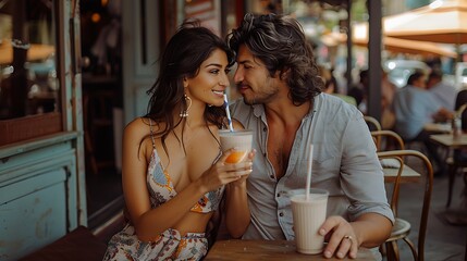 A young couple lovingly gazes at each other while enjoying drinks at a caf√© terrace. 