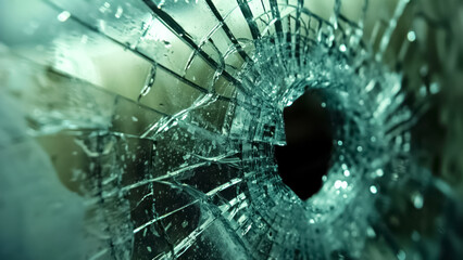 shattered glass from a bullet hole - obrazy, fototapety, plakaty