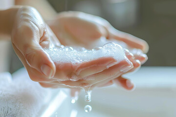 Female hands applying liquid soap close up