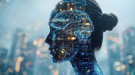 A digital composite image of a woman‚Äôs profile overlaid with futuristic circuitry and a glowing brain symbolizing artificial intelligence and technology in a cityscape background.  - Powered by Adobe