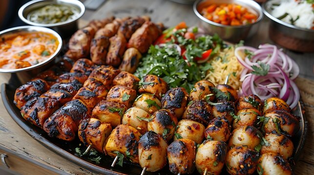 A mouthwatering display of various grilled kebabs on a skewer, accompanied by colorful side dishes and sauces, perfect for a culinary feast image. 