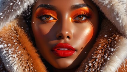   A woman's face, tightly framed, dons orange eyeshadow, while a fur coat covers her head