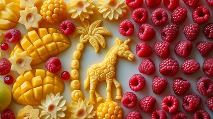 A colorful arrangement of various fruits including raspberries, mango, and carved fruit designs on...