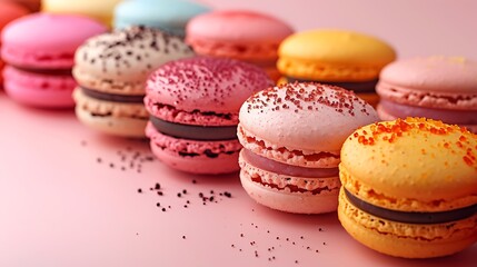 A variety of colorful macarons arranged on a pink background exudes a sweet and vibrant vibe perfect for culinary and festive themes 