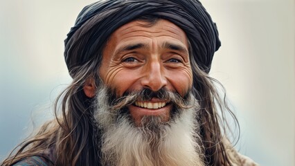   A man in a turban wears a long beard, smiling closely - obrazy, fototapety, plakaty