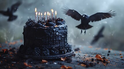 A Gothic-themed birthday cake with lit candles is surrounded by flying crows in a mystical atmosphere. 