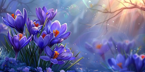 Delicate crocuses on the lawn illuminated by gentle sunlight, flowers, spring, blooming, background, wallpaper.