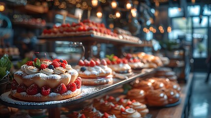 A delectable assortment of freshly baked cakes and pastries displayed elegantly on cake stands at a cozy cafe ambiance.