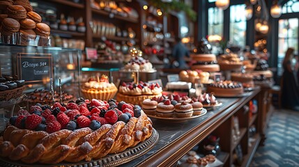 A delectable selection of pastries and desserts beautifully displayed in a stylish bakery interior with warm lighting and elegant decor 