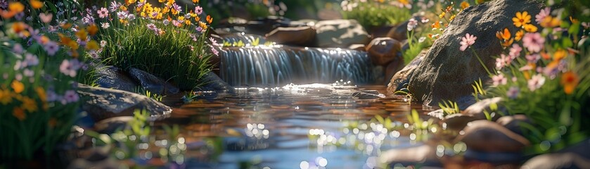 Photorealistic image of a bubbling brook surrounded by spring flowers, natural daylight ,high resulution,clean sharp focus - obrazy, fototapety, plakaty