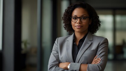 Portrait confident black businesswoman standing arm crossed in office