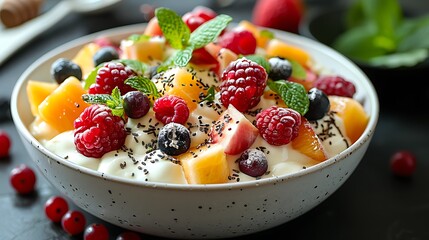 A fresh fruit bowl with yogurt topped with raspberries, blackberries, mango pieces, and chia seeds...