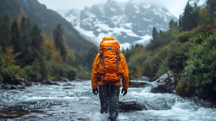 A hiker in an orange jacket wades through a mountain stream with snow-capped peaks in the background. 