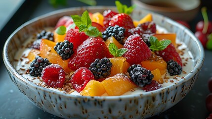 A vibrant bowl of fresh fruit salad topped with powdered sugar on a dark background, priced at 