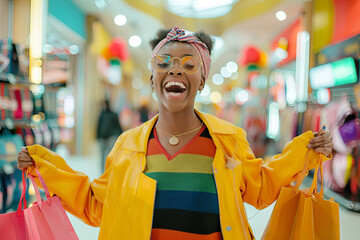 Beautiful young woman shows an ecstatic expression while holding shopping bags in a store - obrazy, fototapety, plakaty