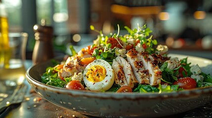 A close-up image of a fresh, healthy salad with grilled chicken, boiled egg, and cherry tomatoes on a stylish plate in a sunlit restaurant setting. 