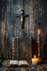 Old Holy Bible, candles and Crucifix on wooden background