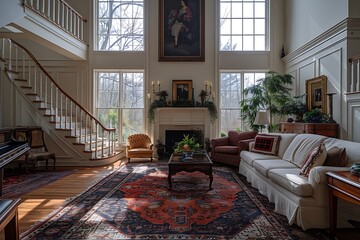 Elegant interior of a spacious living room with a grand staircase, fireplace, and classic furnishings bathed in natural light, ideal for a cozy and luxurious home concept.  - obrazy, fototapety, plakaty