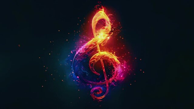 Music key neon colors on black background. Music notes abstract. blue,orange various colors neon Music notes rainbow smoke wave background. Music notes 4k video effect sparkling