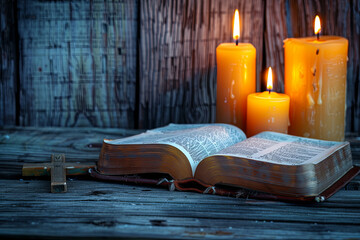 Fototapeta na wymiar Old Holy Bible, candles and Crucifix on wooden background