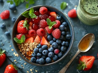 A colorful bowl of healthy breakfast with fresh berries, granola, and mint, on a textured blue...
