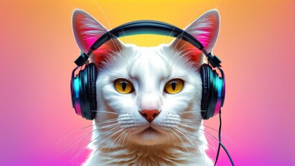   Close-up of a cat in headphones, gazing at the camera with a shocked expression