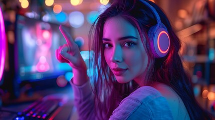 Fototapeta na wymiar A young woman with headphones gaming in a neon-lit room points towards the camera, symbolizing interaction and engagement in the digital world. 