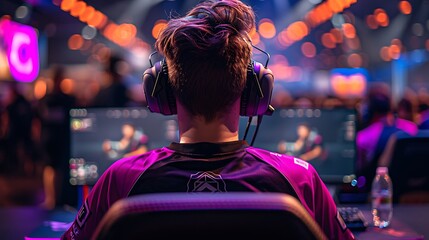 Back view of a gamer with headphones at a colorful esports event, focusing on intense competition and entertainment in the gaming industry. - obrazy, fototapety, plakaty