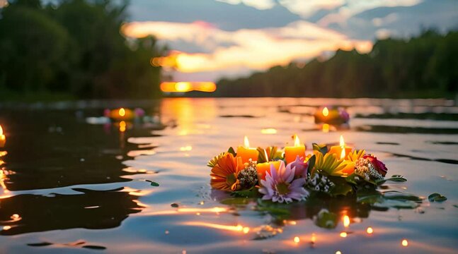 flower wreaths and candles floating in the river at summer morning at sunrise.