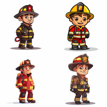 Four vector image cartoons of a firefighter