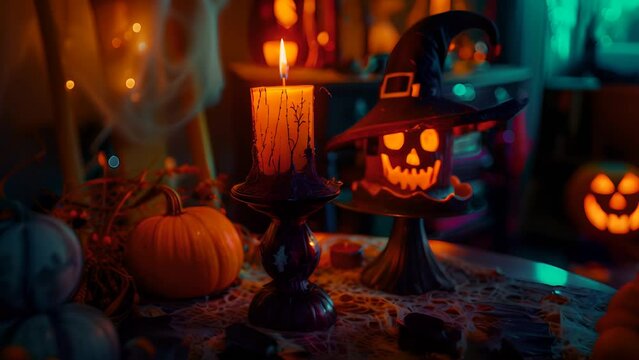 Halloween pumpkin, Halloween decorations , witch hat and candles burning in the dark room. 
