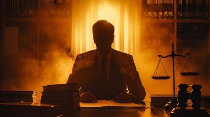 A man in a suit sits at a desk with stacks of books and a scale. The room is dimly lit and there is a lot of smoke in the air. The man is in a serious and focused mood