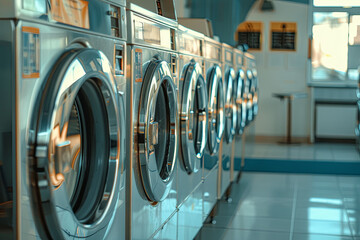 A row of industrial washing machines in a public laundromat - obrazy, fototapety, plakaty