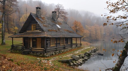 "Enchanting Autumn Retreat: A Cozy Wooden Cabin by the Serene Lake"