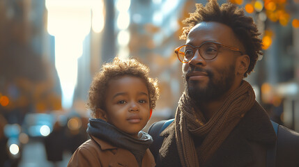 Experience the joy of fatherhood as a chic dad and his son enjoy a day of exploration and adventure together. Dressed in fashionable attire that showcases their impeccable taste, t - obrazy, fototapety, plakaty