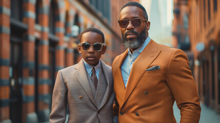 City Chic: A stylish father and his son stroll through the city streets, both impeccably dressed in tailored suits and matching sunglasses. The towering skyscrapers provide a moder - obrazy, fototapety, plakaty