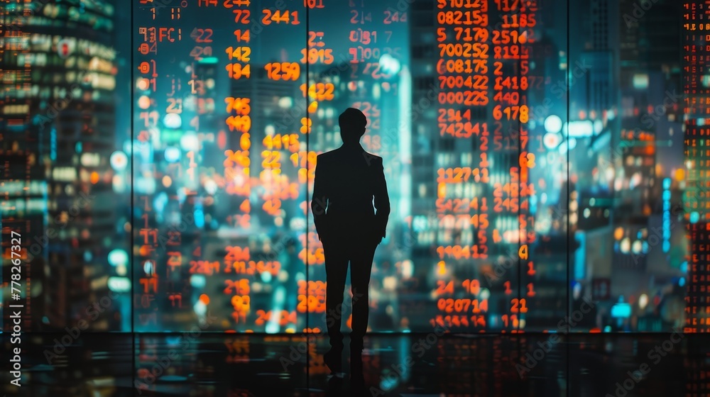 Poster a man stands in front of a window with a city view and a large number of numbers on the wall