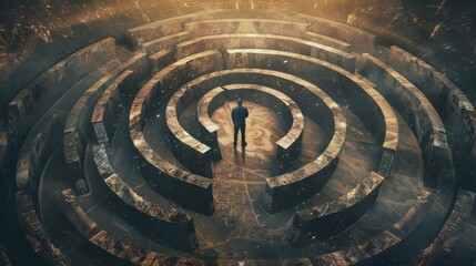 Man walks through a labyrinth, and difficult paths and obstacles serve as metaphors for difficulties - obrazy, fototapety, plakaty