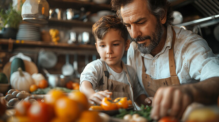 Culinary Creations: In a modern kitchen filled with tantalizing aromas, a trendy father and his son bond over their shared love for cooking. Dressed in aprons and chef hats, they e - obrazy, fototapety, plakaty