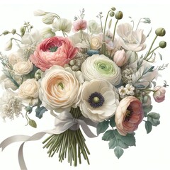Watercolor Painting of a Bridal Bouquet, Parrot Tulips, Garden Roses, Ranunculus, Poppies Flowers