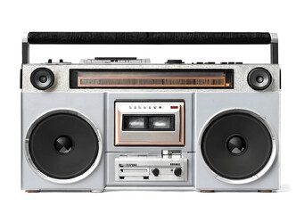 outdated portable stereo boombox radio cassette recorder from 70s, 1980s isolated on white background. Vintage old style. Retro ghetto radio boom box cassette recorder from 80s. front view - obrazy, fototapety, plakaty