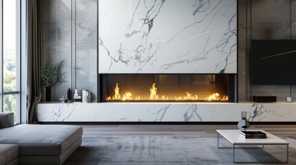 Concept image with elegant modern fireplace against luxury marble wall background
