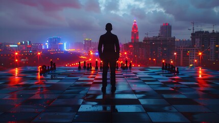 A man stands on a city street looking out over a chess board. The city is lit up with neon lights, creating a moody atmosphere