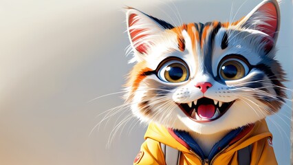   A tight shot of a cat in a yellow jacket, tongue out and mouth agape - obrazy, fototapety, plakaty