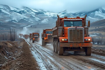 A convoy of flatbed trucks hauling construction equipment to a new building site, dust swirling in their wake