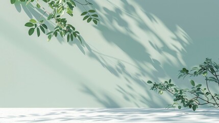 tree shadows on white ground and light green background, minimalistic wallpaper for product presentation in an empty mockup